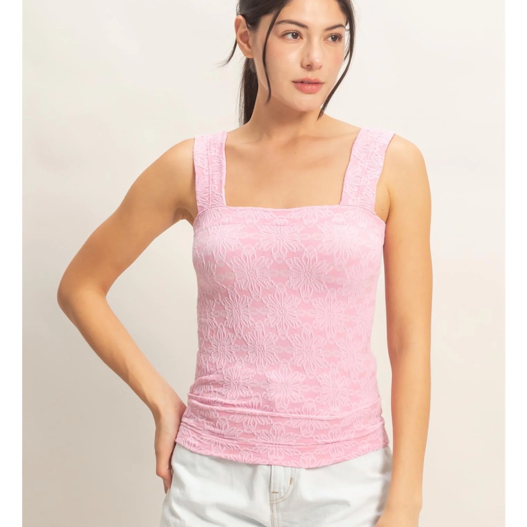 New Hyfve Floral Jacquard Square Neck Tank Bubblegum Pink S M L